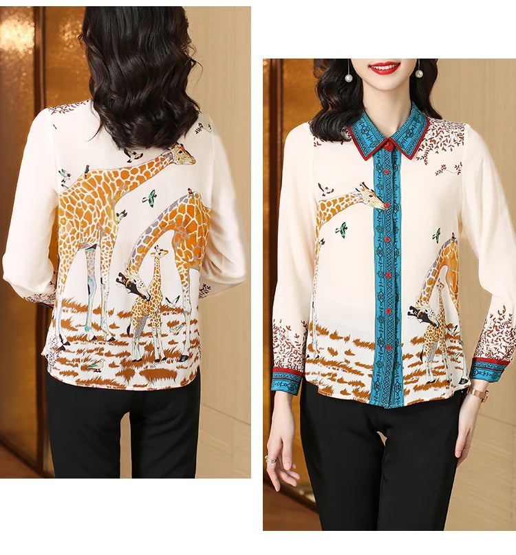 FANIECES Plus Size 3XL Giraffe Print Women Shirts Long Sleeve Lapel Satin Blouse Spring Female Tops Elegant Office Ladies Blusas