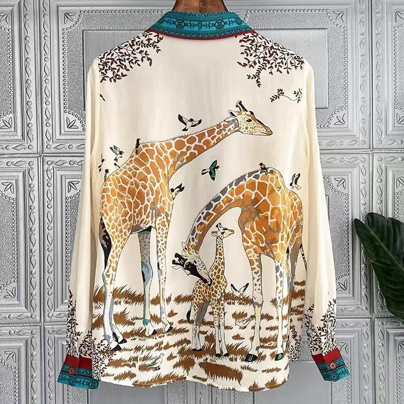 FANIECES Plus Size 3XL Giraffe Print Women Shirts Long Sleeve Lapel Satin Blouse Spring Female Tops Elegant Office Ladies Blusas