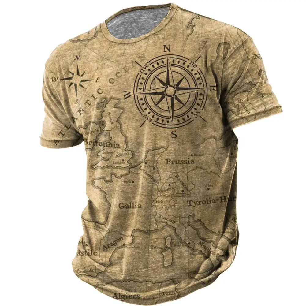 Vintage Men's T-shirt Summer American Shirt Tops Compass Printed Short-sleeve Tees Loose Daily Men Clothing Casual Streetwear