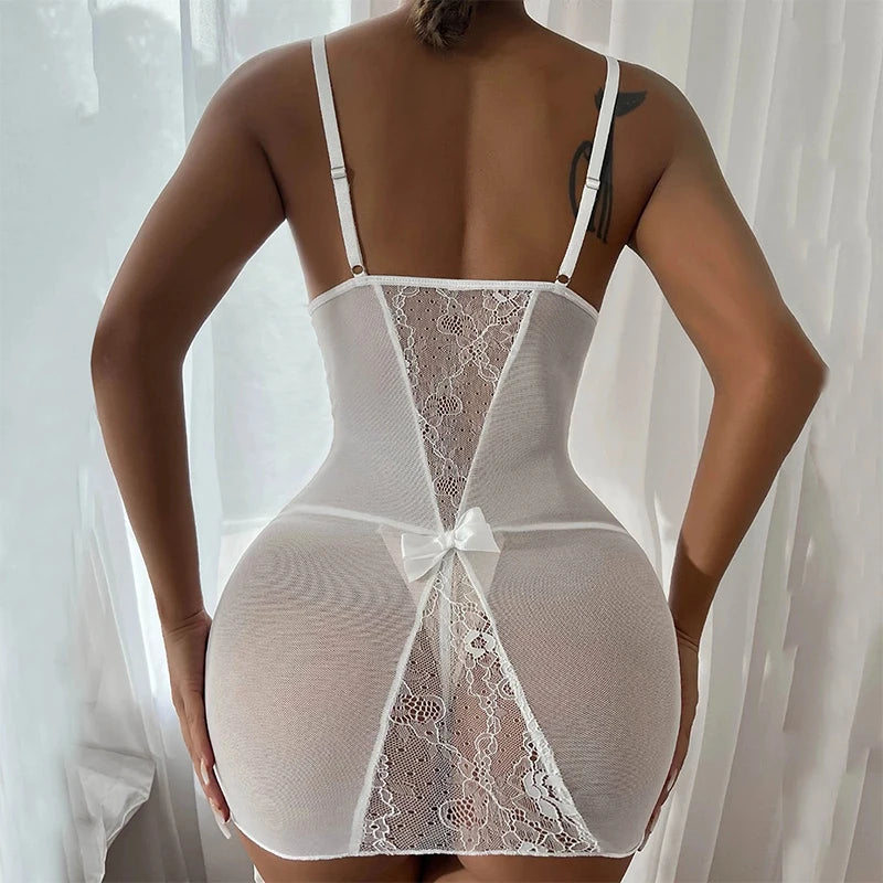 Sexy Women Lace Nightgown Babydoll Underwear Garters Belt Mesh Costume Nightwear Mesh Sheer Pajamas Bodysuit Exotic Outfit