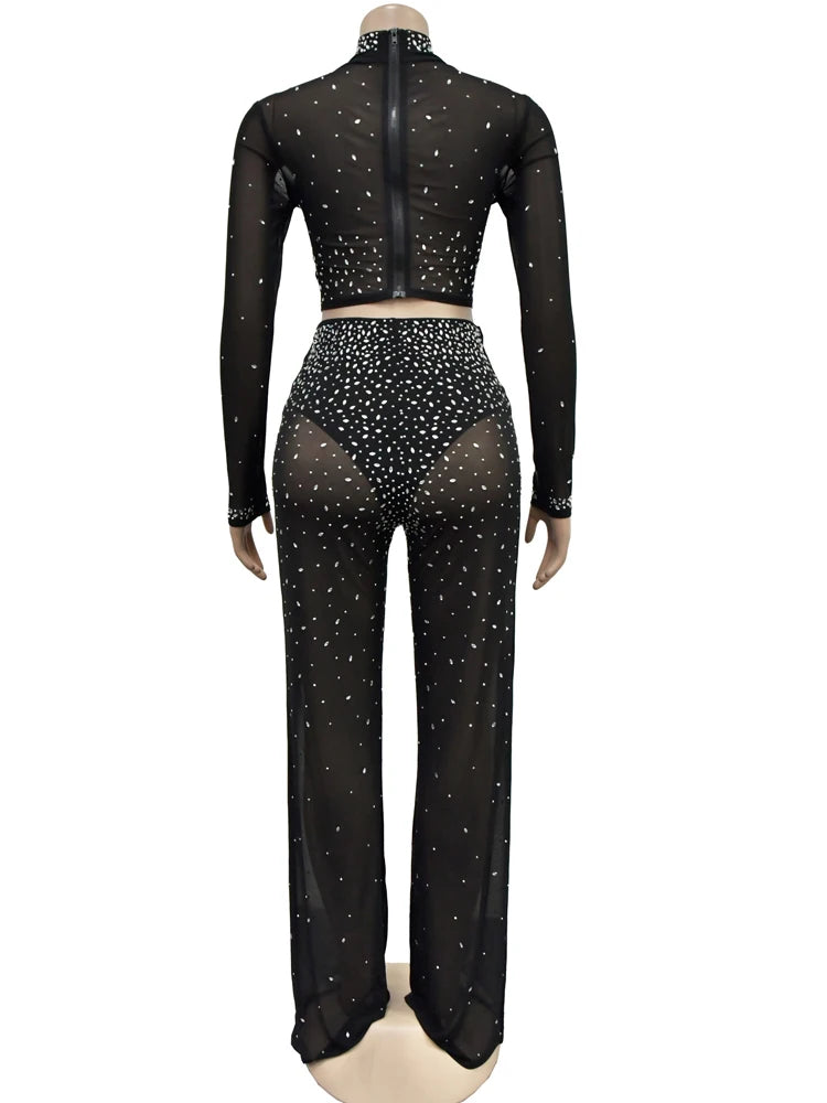 Beyprern Women's Black Sheer Mesh Rhinestone Crop Top And Wide Legs Pants Set Sparkle Crystal Tracksuit Birthday Outfit