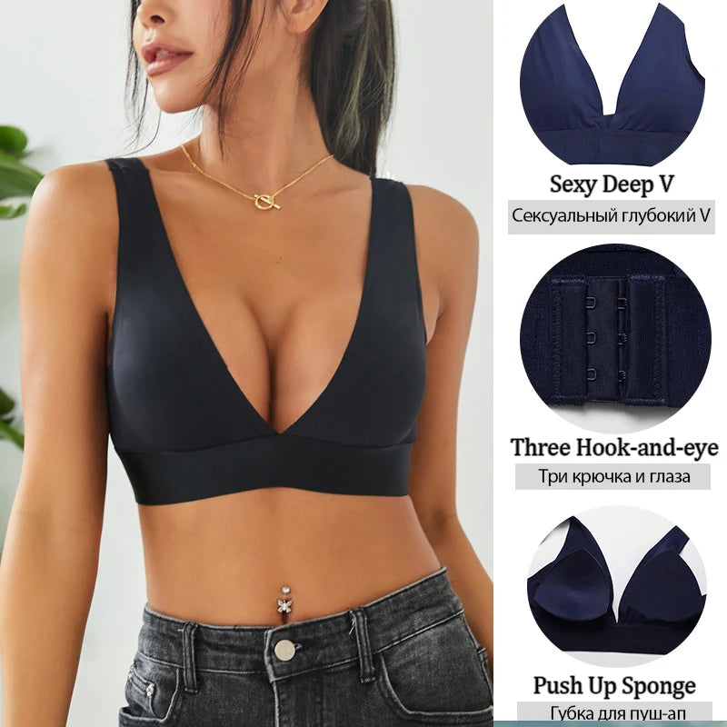 Deep V Seamless Bras Sexy Push Up Padded Underwear for Women Female Wireless Plus Size Tops Ladies Invisible Bralette Lingerie