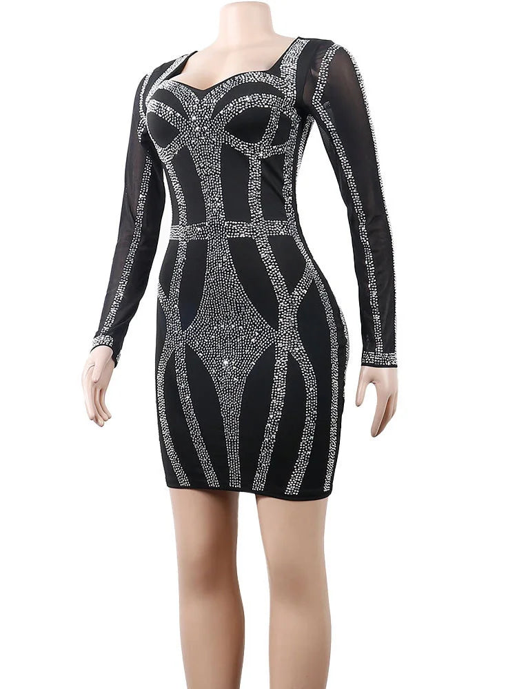 Beyprern Women's Sparkle Black Rhinestone Bodycon Mini Dress Mesh Sleeve Sequins Night Dresses Special Occasion Outfits