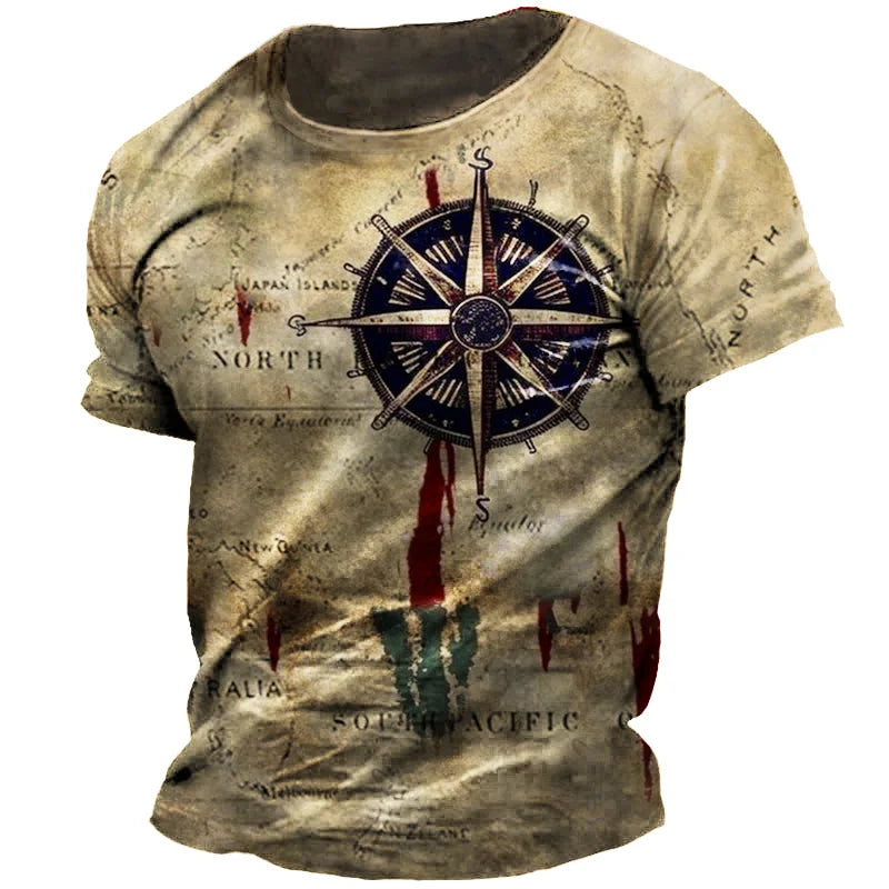 Vintage Men's T-shirt Summer American Shirt Tops Compass Printed Short-sleeve Tees Loose Daily Men Clothing Casual Streetwear