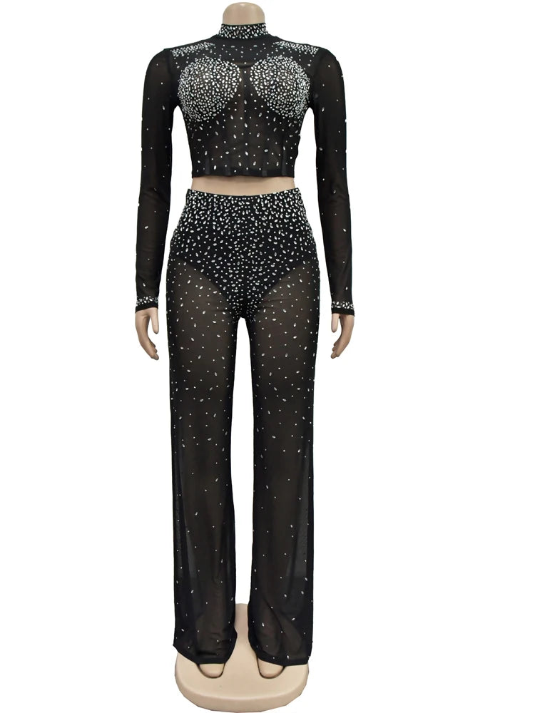 Beyprern Women's Black Sheer Mesh Rhinestone Crop Top And Wide Legs Pants Set Sparkle Crystal Tracksuit Birthday Outfit