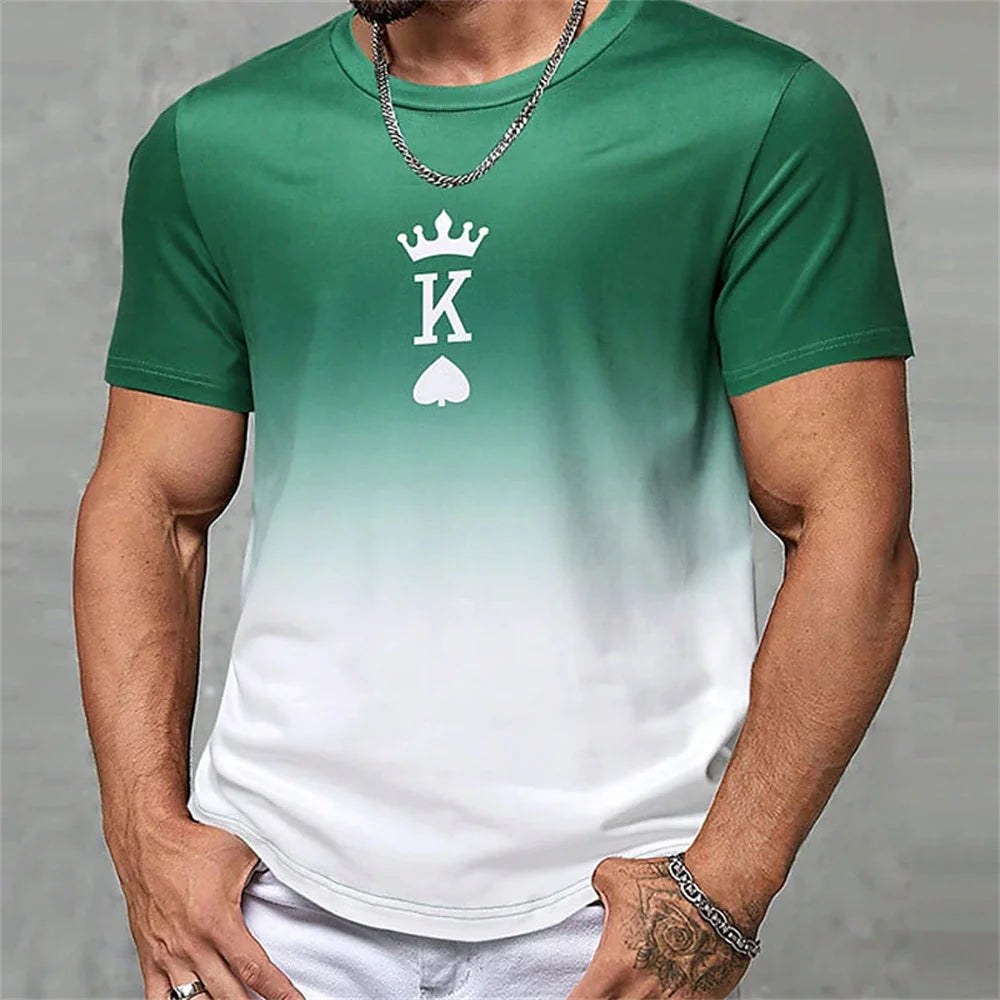 Fashion Gradient Poker Print T Shirts For Men Summer Daily O Collar Polyester Short Sleeve Tee Shirt Large Size Tops Clothing