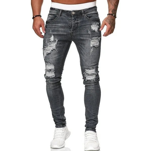 new White Embroidery Jeans Men Cotton Stretchy Ripped Skinny Jeans High Quality Hip Hop Black Hole Slim Fit Oversize Denim Pants