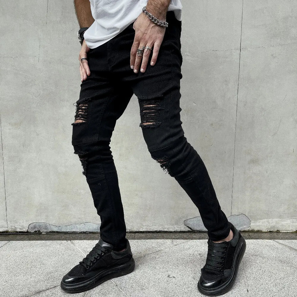 Men New High street Hip hop Style Ripped Skinny Pencil Jeans Men Stylish Slim Holes Casual Denim Pants