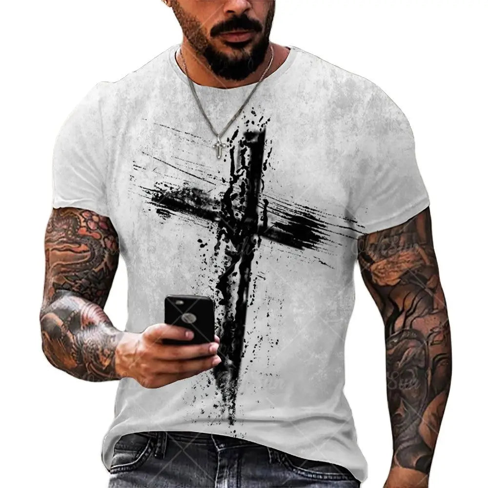 T-shirts For Men Cross Graphic Jesus Christ 3d Print Men's Tshirt Retro Classic Short-sleeved Loose Personality Oversized Tops