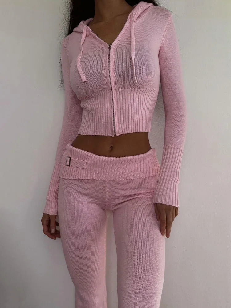 2023 Autumn New Knitted Hoodie Set Women's Fashion Brand Solid Color Sexy High Waist Long Sleeve Pants Two Piece Set