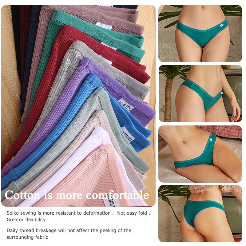 4Pcs/Set Women Sexy Cotton Brazilian Panties V-Waist Thong Solid Color Underwear Low Rise Female Soft Intimates Lingerie Finetoo