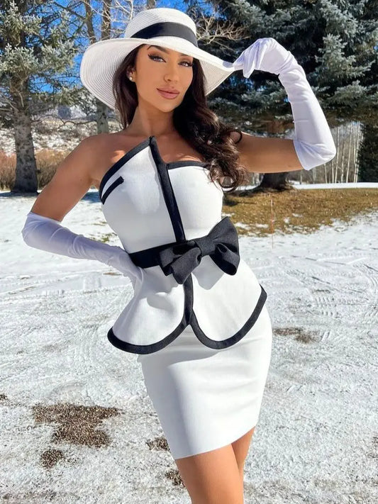 Women's Patchwork Bandage Suit Summer 2 Two Piece Sets Strapless Sexy Bodycon Sleeveless Bow Top & Mini Skirt Club Party Outfit